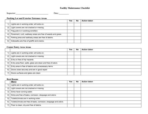 Facility Maintenance Checklist Form Excel Templates