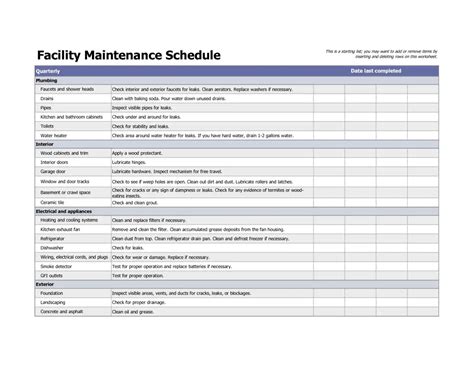 Facility Maintenance Checklist Template Addictionary