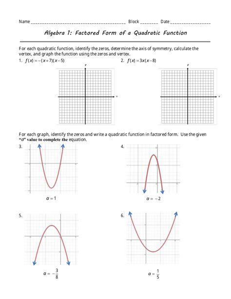 Factored Form of a Quadratic Function Algebra Worksheet Download Printable PDF Templateroller