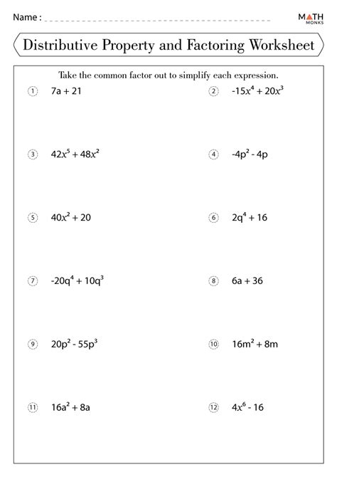 Factoring Distributive Property Worksheet