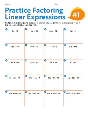 Factoring Linear Expressions Worksheets