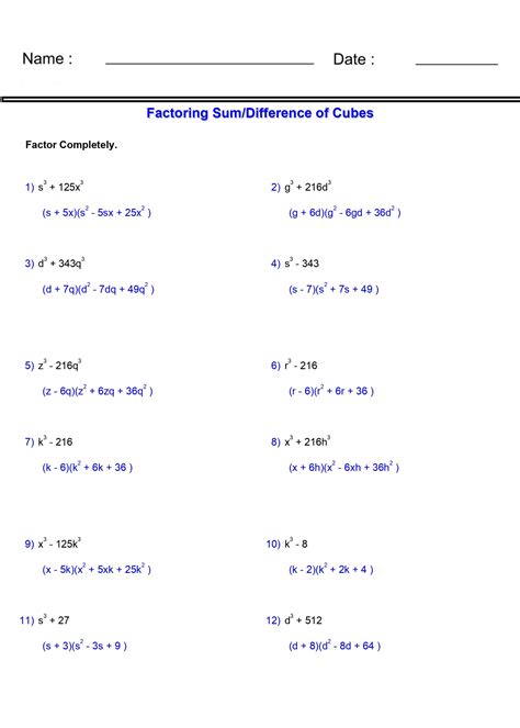 Factoring The Sum And Difference Of Two Cubes Worksheet