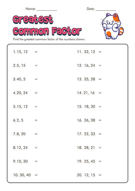 by. Homework Hut. 5.0. (11) $3.50. PDF. Easel Activity. 4.OA.4 - Greatest Common Factor: This fun worksheet bundle includes 5 worksheets, with a corresponding answer key for teacher use. The pdf has a high resolution, and is made to fit 8.5" 11" paper seamlessly.In this set we cover factors and greatest common factor.. 