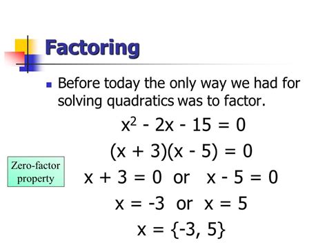 Mar 1, 2022 · In these cases, solving quadratic equations by factoring is a bit simpler because we know factored form, y= (x-r_1) (x-r_2) y = (x−r1)(x−r2), will also have no coefficients in front of x x. We simply must determine the values of r_1 r1 and r_2 r2. But no need to worry, we include more complex examples in the next section. 