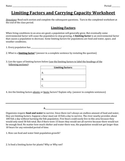 Factors Affecting Carrying Capacity Worksheet Answer Key
