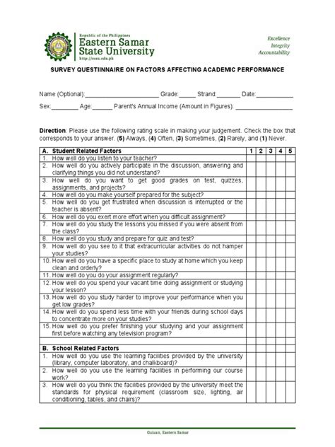 Factors affecting students academic performance questionnaire.  The data r...