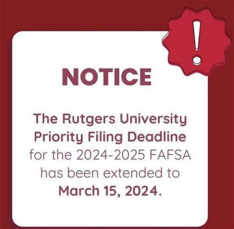 Fafsa deadline rutgers. Rutgers undergraduate and graduate continuing students should file the FAFSA before the priority deadline of January 15 (NOTE: The date for the 2024-2025 FAFSA is March 15, 2024). Incoming students (high school seniors) should file the FAFSA before the December 1 (NOTE: The date for the 2024-2025 FAFSA is March 15, 2024) priority deadline. 