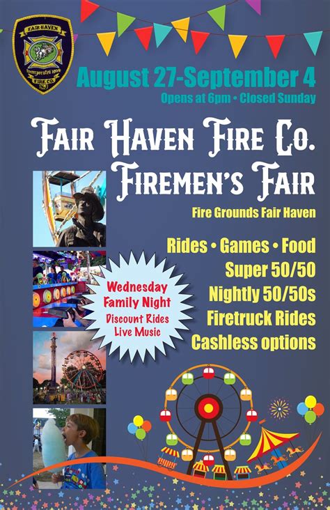 The special character of present day Fair Haven is rooted in its heritage as a small community closely linked to the Navesink River. For those visiting our site who are interested in relocating or finding out more about our area, we hope these pages provide a flavor of our town. ... September 2023 ... Firemen's Fair. 6:00pm to 11:00pm . Firemen .... 