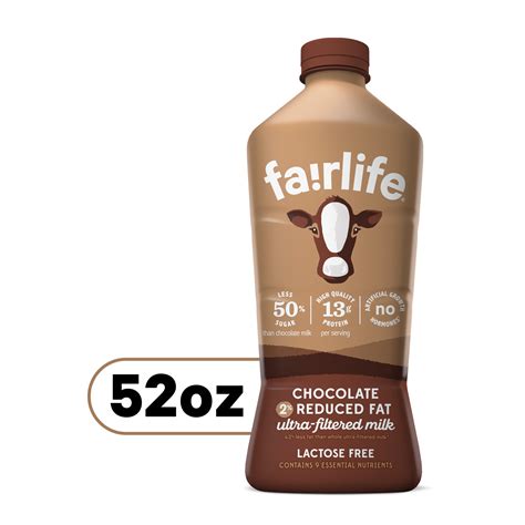Fair life chocolate milk. Protein 26g. 52%. Calcium. 50%. Potassium. 15%. *The % Daily Value (DV) tells you how much a nutrient in a serving of food contributes to a daily diet. 2,000 calories a day is used for general nutrition advice. Contains Milk. Aseptically Pasteurized. 