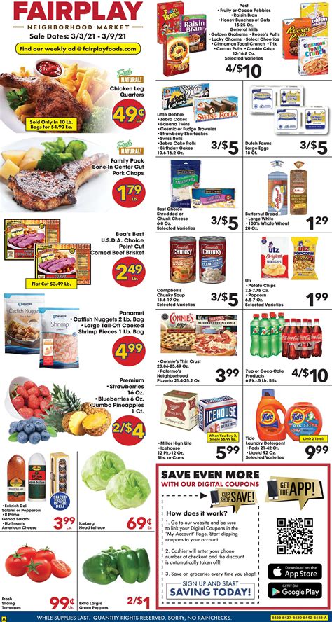 The Fairplay Weekly Ad includes savings for anything in the range of fresh meat cuts and bakery fresh fruity cakes to organic fruits and veggies, Italian wines, organic cereals and other breakfast items among many others. Check Fairplay Weekly Ad Circular. Get this week Fairplay Foods ad, and printable coupons on myweeklyads.net.. 