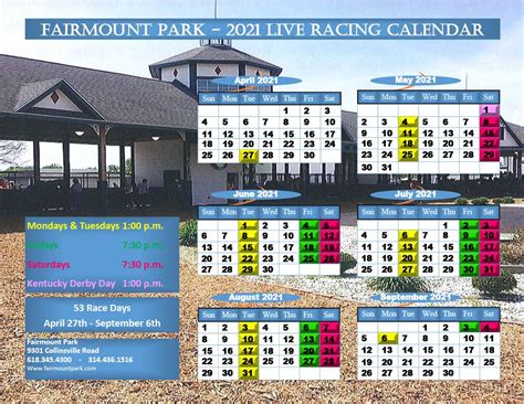 FanDuel Sportsbook & Horse Racing Track Details. Address: 9301 Collinsville Rd, Collinsville, IL 62234. Website: www.fairmountpark.com. Meeting: Fairmount’s meet begins in early March and stretches all the way to early September. Racing is typically only conducted on Tuesdays and Saturdays, however the schedule expands to also include Fridays ... . 