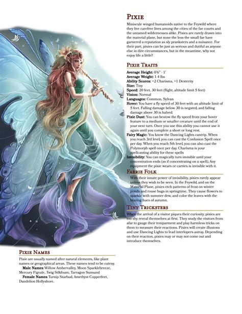 Fairy 5e. Fairy - DND 5th Edition. Source: The Wild Beyond The Witchlight. Table of Contents. Fairy Traits. The Feywild is home to many fantastic peoples, including fairies. Fairies are a … 