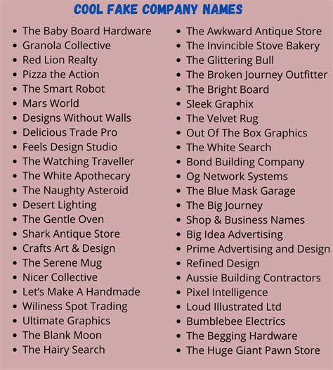 Authentic company name information. The company names generated through random company generators are authentic. This tool doesn't compile any fake company names. The information along with the company names, is verified. It gets the correct details of random businesses and brands, along with some general information about the …. 