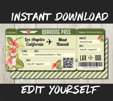 Editable Christmas Boarding Pass, Editable Canva Template, Printable Christmas Ticket, Plane Ticket Christmas Gifts Idea, Surprise Trip. DigitalTemplatePaper. (3,370) $4.16. $8.32 (50% off) Printable Hawaii Surprise Boarding Pass Trip Ticket. Printable Hawaii Vacation/TripTicket. 10 Designs Included! .