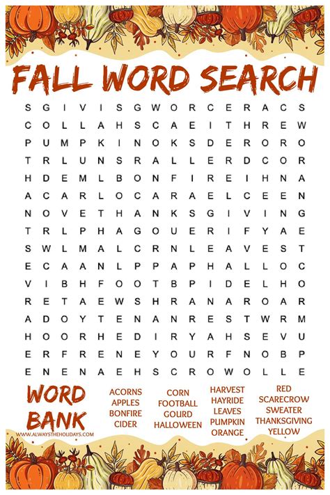 Fall Word Search Puzzle Twenty Words Free Printable Planerium