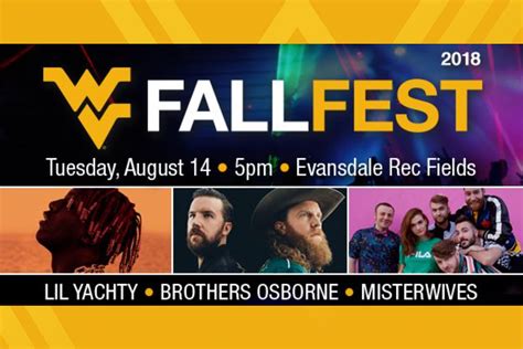 August 14th, 2014. FallFest, West Virginia University’s annual welcome back concert, celebrates its 20th year and the start of the 2014 Fall semester on Monday (Aug. 18). The concert, set to begin at 6:30 p.m. on the Mountainlair Plaza, will include performances by Kendrick Lamar, Dierks Bentley and MAGIC !. Event gates will open at 6 p.m.