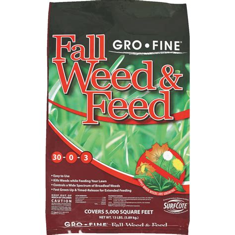 Fall weed and feed. Fall weed and feed kills over 50 listed lawn weeds, including clover, dandelion, plantain, morningglory, chicory, evening primrose, and purslane ; Apply weed control plus grass fertilizer to a wet lawn when weeds are actively growing and temperatures are consistently between 60°F and 90°F ; 