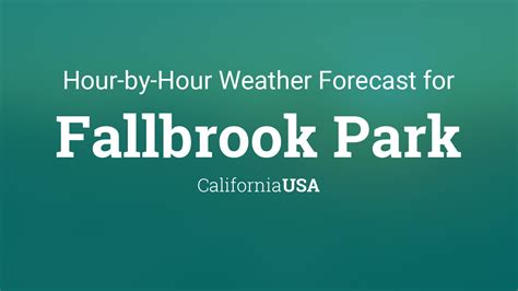 NOAA National Weather Service National Weather Service. Toggle navigation. HOME; ... Fallbrook Community Airpark (KL18) Lat: 33.3542°NLon: 117.2509°WElev ... More Information: Local Forecast Office More Local Wx 3 Day History Mobile Weather Hourly Weather Forecast. Extended Forecast for Fallbrook CA . Overnight. Patchy Fog. Low: 57 °F .... 