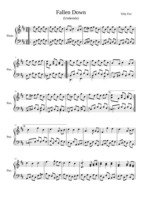 Apr 11, 2023 · Download and print in PDF or MIDI free sheet music for Fallen Down (Reprise) by Toby Fox arranged by Cedric._ for Piano, Guitar, Bass guitar, Drum group, Recorder (Mixed Ensemble) Fallen Down (Reprise) – Toby Fox (Personal Arrangement) Sheet music for Piano, Guitar, Bass guitar, Drum group & more instruments (Mixed Ensemble) | Musescore.com . 