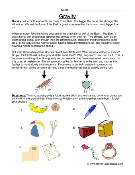 Falling Gravity Worksheet by Teach Simple