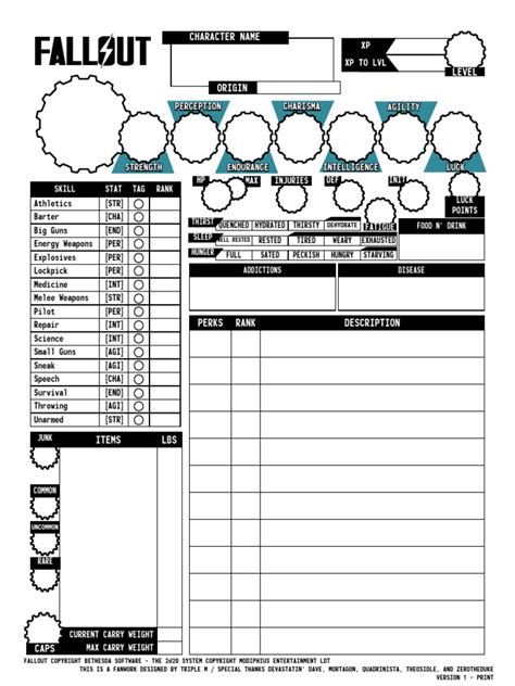 Fallout TTRPG Character Sheet PDF