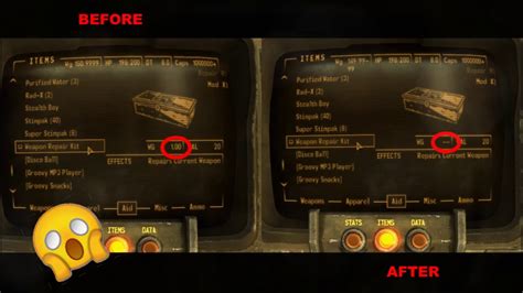 Fallout new vegas weapon repair kit. 5. Open the weapons or armour page on your pip-boy and find the item you want to repair. Mouse over it and press r (Y on xbox 360). If you have identical or very similar weapons or armour to use in the repairs, you will see a list of items you can use for repairs. Click them to use them. Increasing your repair skill will make your repairs more ... 