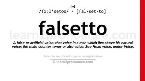 Falsetto meaning. falsetto in American English. (fɔlˈsɛtoʊ ) noun Word forms: plural falˈsettos. 1. an artificial way of singing or speaking, in which the voice is placed in a register much higher than that of the natural voice. 2. the voice used in such singing, esp. by tenors, usually having a soft, colorless quality. 3. 