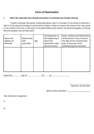 Family Nomination Form Template Sample Nomination Forms