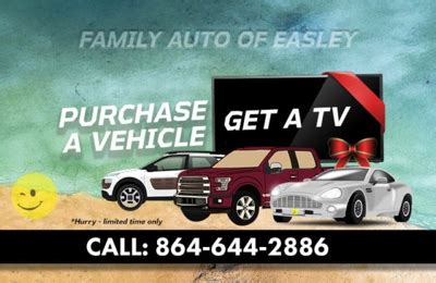 Family auto of easley. Family Auto of Easley. 7111 Calhoun Memorial Hwy Easley, SC 29640. 864-644-2886. 864-644-2886. Business Hours. Monday – Friday: 9 am – 6 pm Saturday: 10 am – 3 pm Sunday: Closed. Buy Here Pay Here. Family Auto of Easley is a Buy Here Pay Here Dealer. We are a part of the Family Auto Group of Dealers has a great reputation for … 