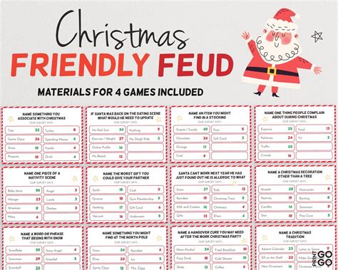 Family feud christmas questions and answers pdf. Here are instructions for playing Coworker Feud games at work with teammates. 1. Prepare questions and answers. Survey questions are the heart of the game and the main material needed to play the challenge. You can find pre-made questions and answers online with pre-assigned points, or you can make up your own. 