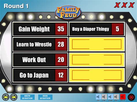 Family feud free template. It differs from other family feud templates by a non-standard color scheme: instead of the usual blue slides for the game, there are beige ones with red and green elements. The pages that are needed to prepare the rounds are already divided into 3 teams, so all you have to do is add your text to the layout. Get a free Family Feud Game Template ... 