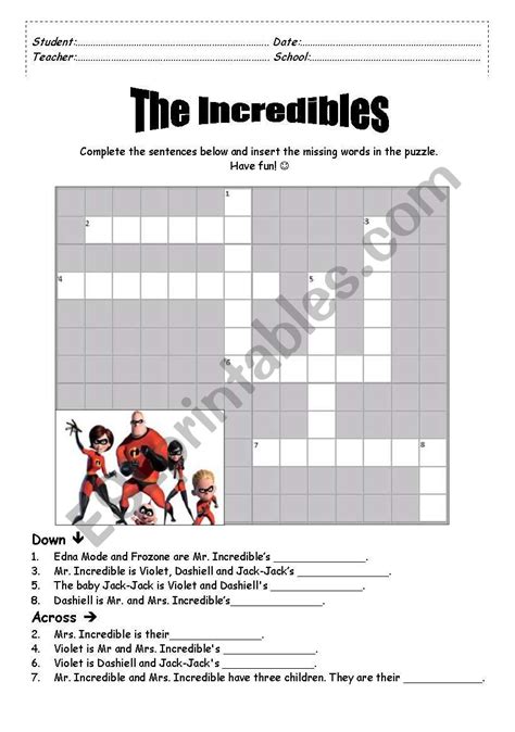 Family name in the incredibles crossword clue. The Crossword Solver found 30 answers to "Fast moving son in "The Incredibles", 4 letters crossword clue. The Crossword Solver finds answers to classic crosswords and cryptic crossword puzzles. Enter the length or pattern for better results. Click the answer to find similar crossword clues . Enter a Crossword Clue. 