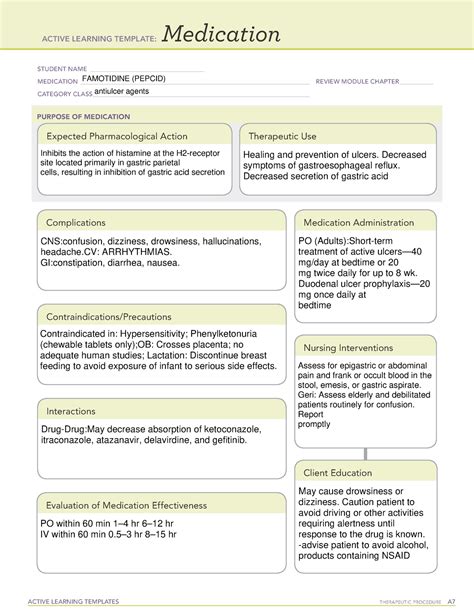 Unformatted text preview: ACTIVE LEARNING TEMPLATE: Medication Angela Daigs STUDENT NAME_____ Famotidine MEDICATION_____ REVIEW MODULE CHAPTER__28 _____ Histamine 2-receptor antagonist CATEGORY CLASS_____ PURPOSE OF MEDICATION Expected Pharmacological Action Block H2 receptors to reduce gastric acid volume Therapeutic Use GERD Zollinger-Ellison Syndrome Ulcer caused by H.pylori Complications ... .