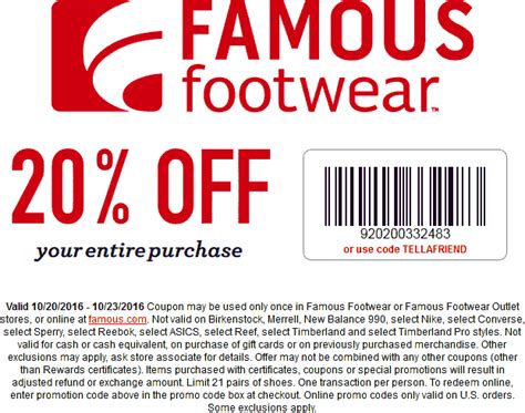 Famous footwear promo code. 3 days ago · 10% OFF. All Items For Active Duty. Get Deal. Get savings up to $75 Off with our 1 active Famous Footwear promo codes. Discover amazing February 2024 Famous Footwear coupons and deals including free shipping, military discount, student discount. 