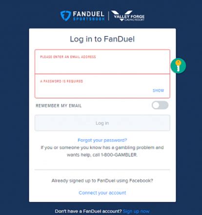 Fan duel login. If you use your Apple ID or Facebook account to log in to a FanDuel app, you will need to reset your password. Connect your account If you or someone you know has a gambling problem and wants help, call 1-800-522-4700 or chat at ncpgambling.org . 