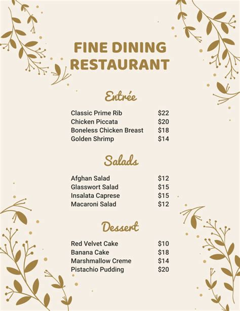 Fancy Menu Template Free Menu Card Template Free Printable Menu Free Printable Menu Template