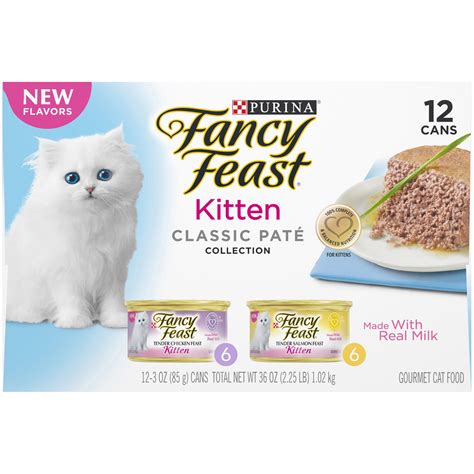 Fancy feast kitten food. Purina Fancy Feast Wet Cat Food Variety Pack, Creamy Delights Poultry & Seafood Collection - (Pack of 24) 3 oz. Cans. dummy. TEMPTATIONS Classic Crunchy and Soft Cat Treats Tasty Chicken Flavor, 30 oz. Tub. dummy. Meow Mix Paté in Gravy Wet Cat Food Variety Pack, Surf n’ Turf Patés 2.75 … 
