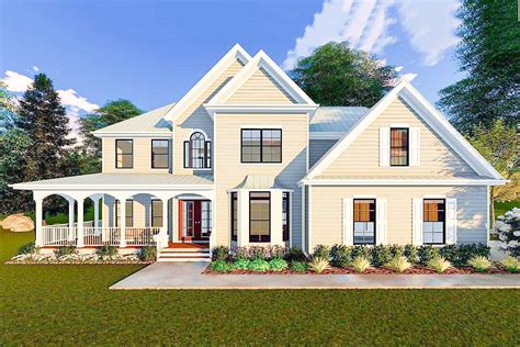 Farmhouse house plans with wrap around porch. Spacious sizing of 2,543 sq. ft. that features 3 bedrooms, 2-1/2 baths and a 2-car garage. A classic wrap-around porch. A generously-sized first-floor master suite with private bathroom. A great room, kitchen and dining room design that makes entertaining a breeze. Two upstairs bedrooms with walk-in closets and a shared full bathroom. 