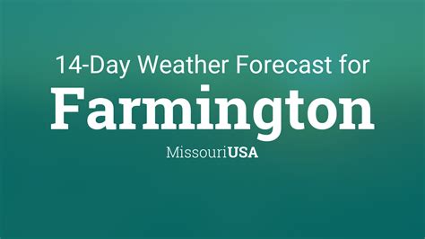 Farmington, MO Micro Area 14 Day Extended Forecast. Weather Today Weather Hourly 14 Day Forecast Yesterday/Past Weather Climate (Averages) Currently: 72 °F. Passing clouds. (Weather station: Lambert-St. Louis International Airport, USA). See more current weather.. 