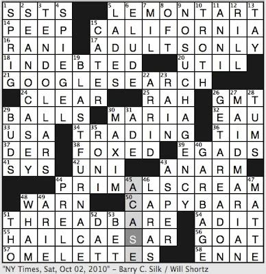 Recent usage in crossword puzzles: New York Times - Jan. 24, 2017; Brendan Emmett Quigley - June 13, 2016; Chronicle of Higher Education - May 29, 2015; Washington Post - Sept. 15, 2013; New York Times - Oct. 23, 2010; Pat Sajak Code Letter - June 1, 2010; LA Times Sunday Calendar - Oct. 28, 2007; USA Today - July 30, 2007; NY Sun - Aug. 25, …. 