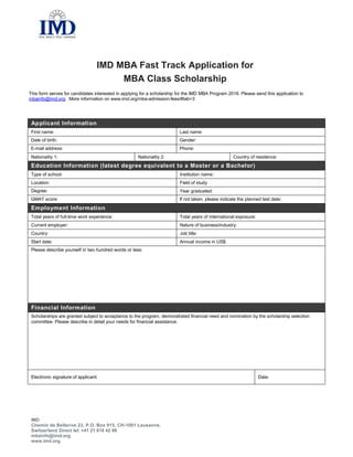 Fast Track Application Form IMD MBA scholarship fast track