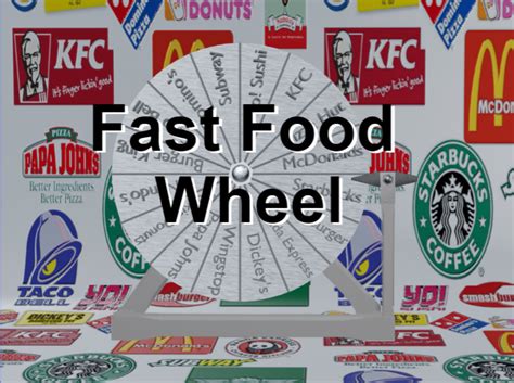 Fast food spin wheel. Fast food. Spin to randomly choose from these options: Wendy's, Taco Bell, Arby's, Walk in, Drive thrue, McDonald's, Burger king, Chick-fil-A! Open full page Explore more wheels Home page Explore more wheels Home page 