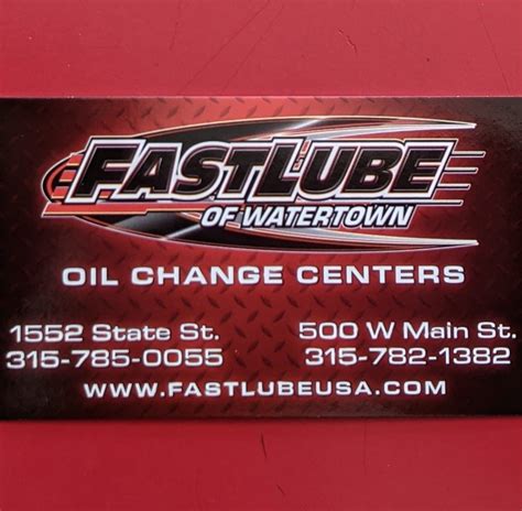 Fast lube of watertown. Fast Lube Of Watertown Inc, 1552 State Street, , Watertown, New York 13601, United States. Fast Lube Of Watertown Inc situated in Watertown and they are offering types of assistance all over Jefferson region. Contact James J Petersen to get a Latest Quote and Current Job Openings close to you. Fast Lube Of Watertown Inc is a Domestic Business ... 