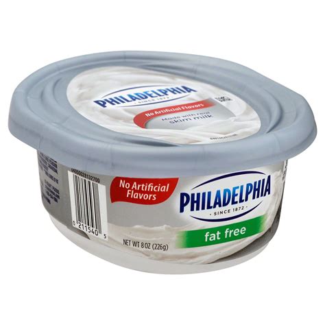 Fat free cream cheese. Nutrition (per 2 tablespoons): 70 calories, 5g fat, 95mg sodium, 5g carbs, 0g fiber, 3g sugars (includes 3g added sugars), 0g protein.* UK Version of Philadelphia Plant-Based Cream Cheese. ... Availability: Philadelphia Dairy-Free Cream Cheese is sold at Meijer, Publix, Giant, Albertsons, Jewel, and select regions of Target stores and Kroger ... 