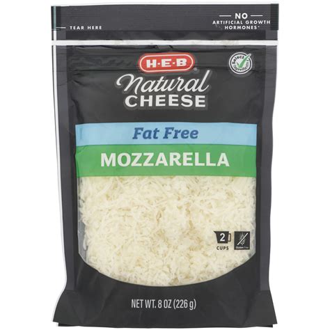 Fat free mozzarella cheese. Sprinkle your next homemade pizza or lasagna with H-E-B fat free shredded mozzarella cheese. Made with part-skim milk from cows NOT treated with artificial growth hormones (rBST)*, this bag of natural shredded cheese is easily resealable for max freshness. • 8-oz H-E-B fat free mozzarella. • Shredded natural cheese. 