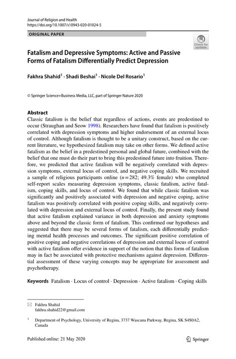 Fatalism and Depressive Symptoms: Active and Passive …