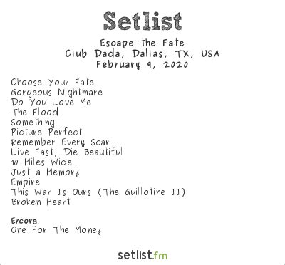 Get the Escape the Fate Setlist of the concert at Fair Park, Dallas, TX, USA on June 24, 2023 from the The Dead Masquerade Tour and other Escape the Fate Setlists for free on setlist.fm!. 