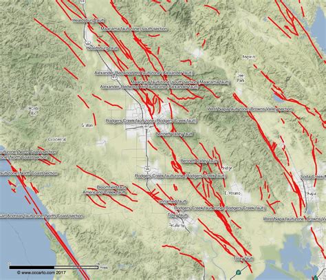 Earthquake Fault Zones are delineated on U.S. Geological Survey topographic base maps at a scale of 1:24,000 (1 inch equals 2,000 feet). On older Earthquake Fault Zone maps, the zone boundaries are straight-line segments defined by turning points.. 
