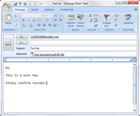 Fax over email. Put the To fax number into the email address. Create a subject line and the email body. Attach any documents. Send the email – the fax service converts the email information to a fax and calls the fax number. Receive the confirmation – the fax service will send an email confirming whether the fax was successfully transmitted. 