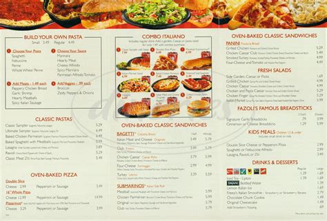 Fazoli's. Pizza, Italian, Sandwiches . Guide; Menu; ... There is an online allergen guide to help customers with critical dietary restrictions to navigate Fazoli's menu. . 